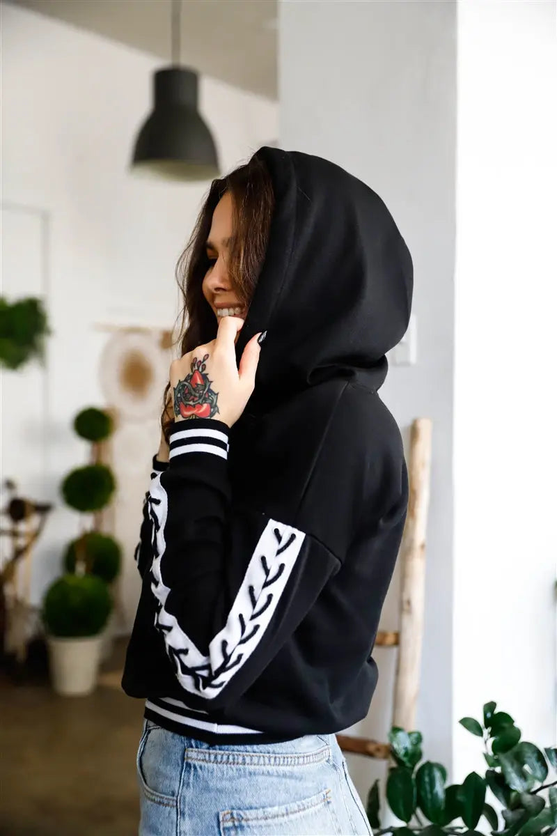 Black Contrast Lace Up Sleeve Detail Striped Cuff & Hem Hooded Sweatshirt Sunny EvE Fashion