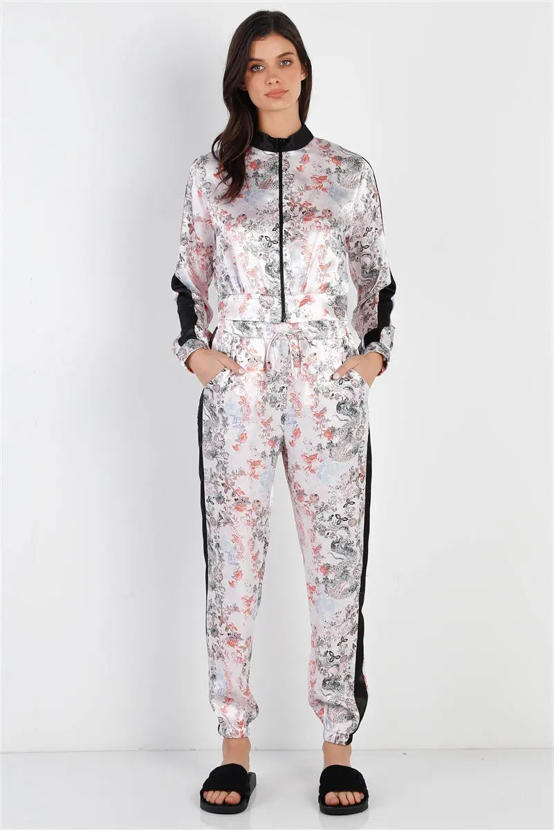 Black Contrast Satin Effect Multi Color Print Zip-up Jacket & Pants Set Sunny EvE Fashion