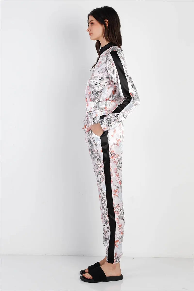Black Contrast Satin Effect Multi Color Print Zip-up Jacket & Pants Set Sunny EvE Fashion
