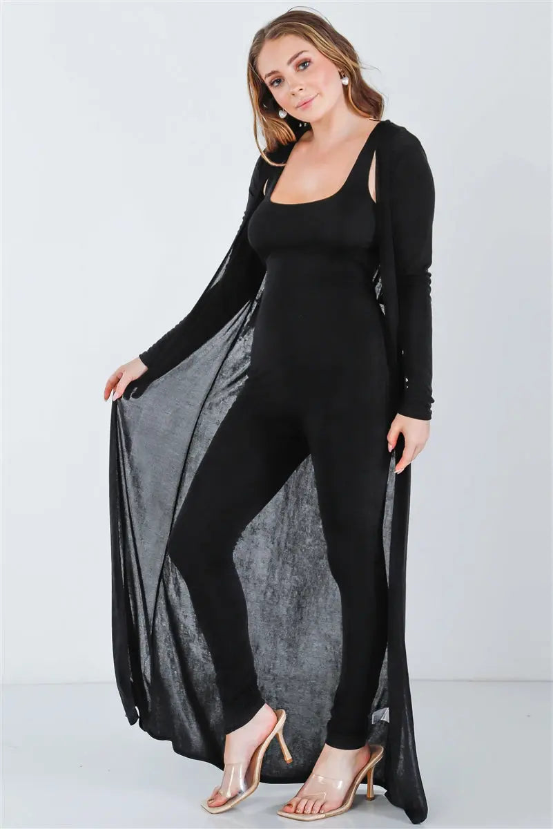 Black Sleeveless Cut-out Detail Slim Fit Jumpsuit & Open Front Long Sleeve Cardigan Set Sunny EvE Fashion