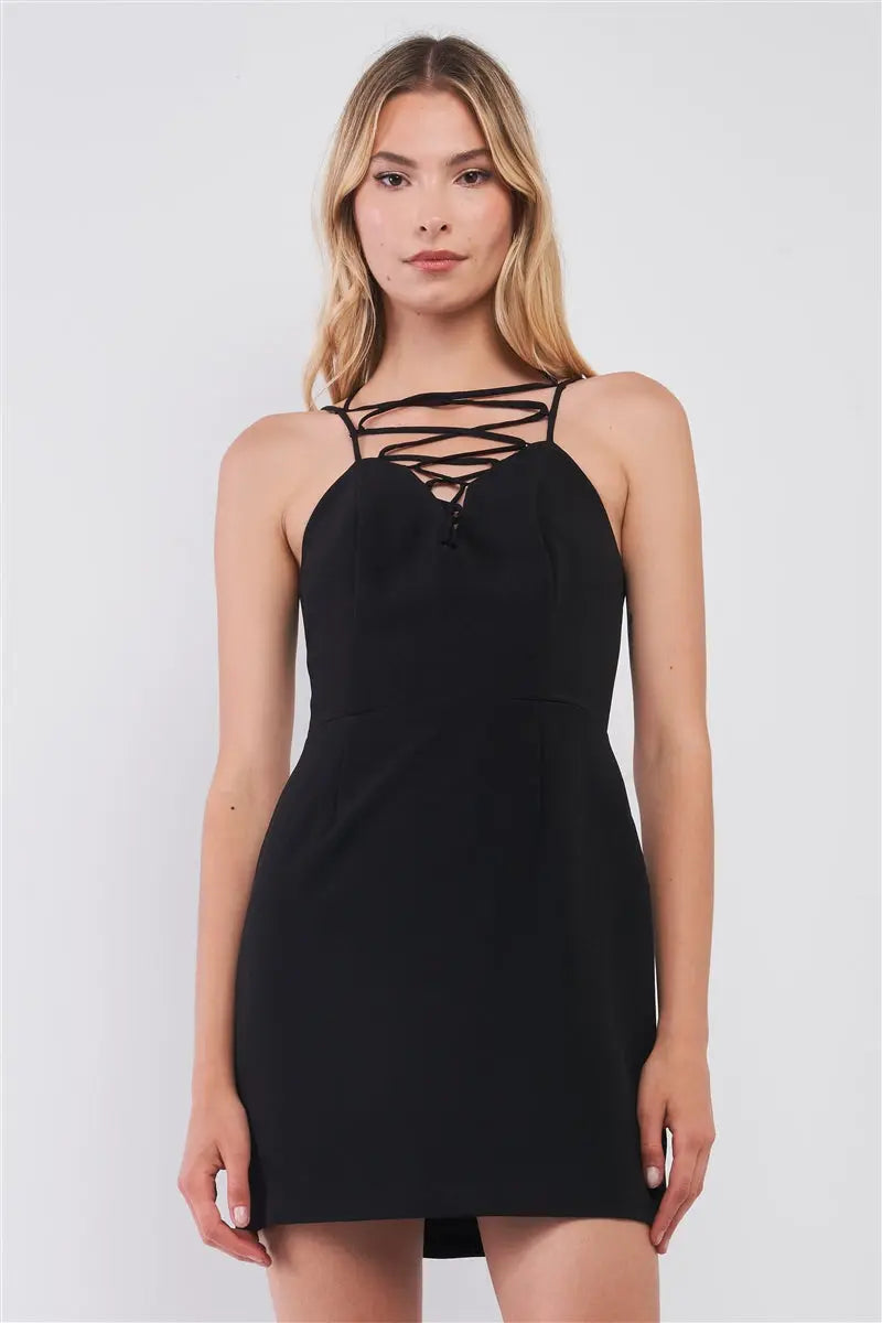 Black Slim Fit Sleeveless V-neck Front Corset Inspired Tie-up Detail Cocktail Mini Dress Sunny EvE Fashion