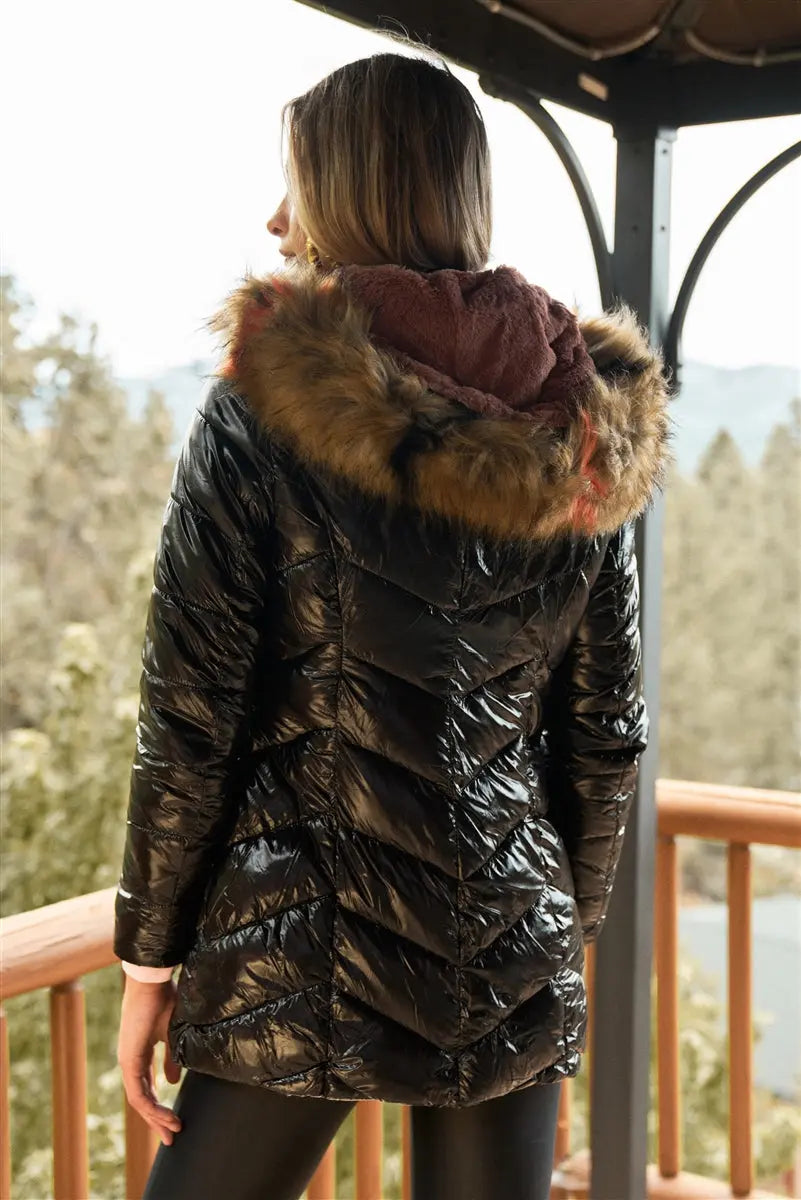 Black Vinyl Glossy Finish Fitted Faux Fur Hood Chevron Padded Puffer Jacket Sunny EvE Fashion