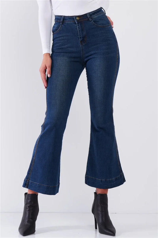 Blue Denim High Waisted Ankle Length Bell Bottom Flare Jeans Sunny EvE Fashion