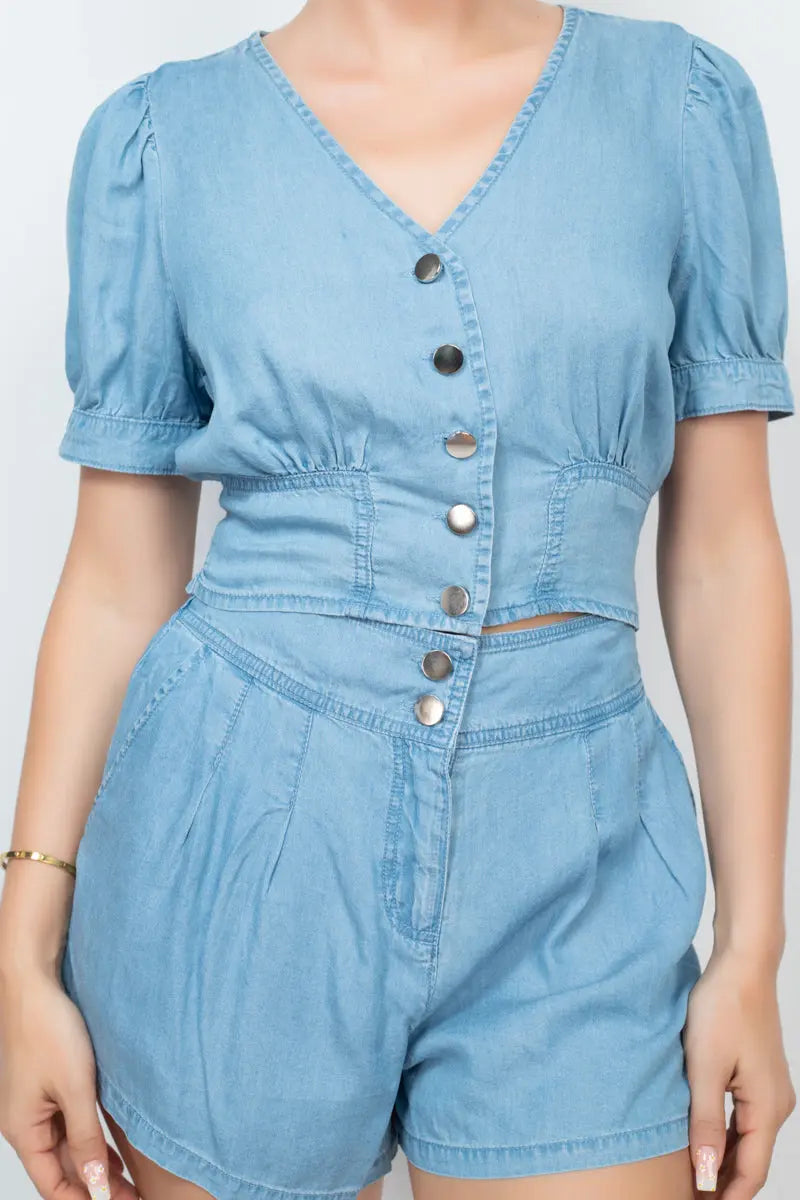Button-front Denim Top And Shorts Set Sunny EvE Fashion