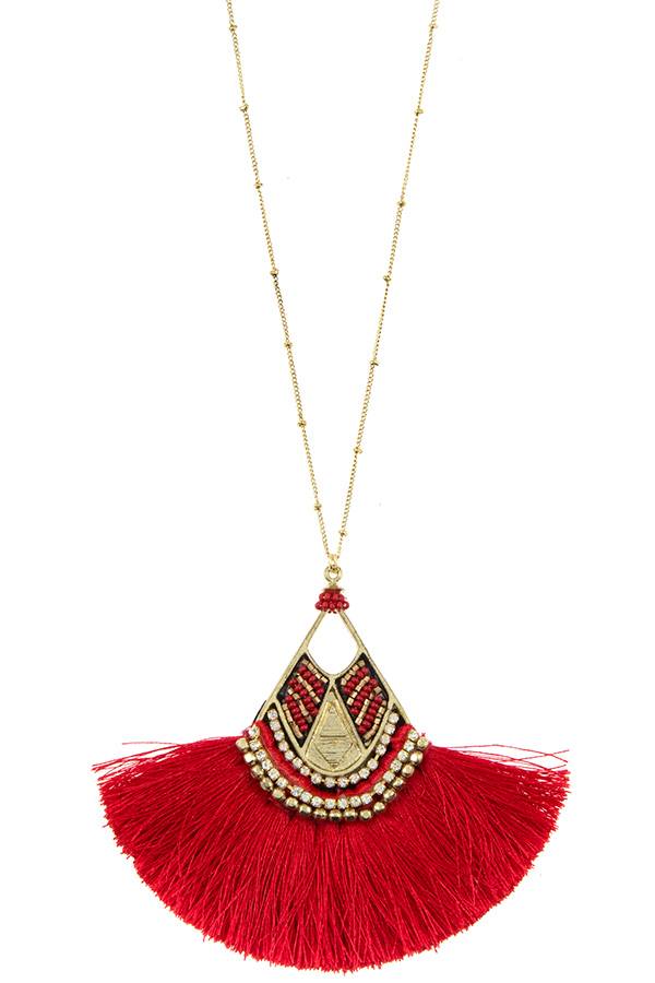 Mix jewel bead fringe tassel fan pendant long necklace Sunny EvE Fashion