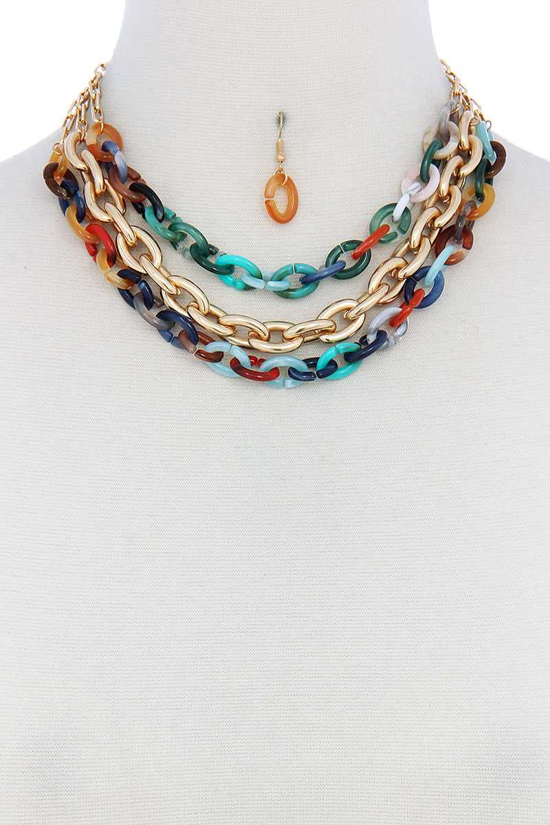Triple Layer Multi Color Thick Chain Necklace And Earring Set Sunny EvE Fashion