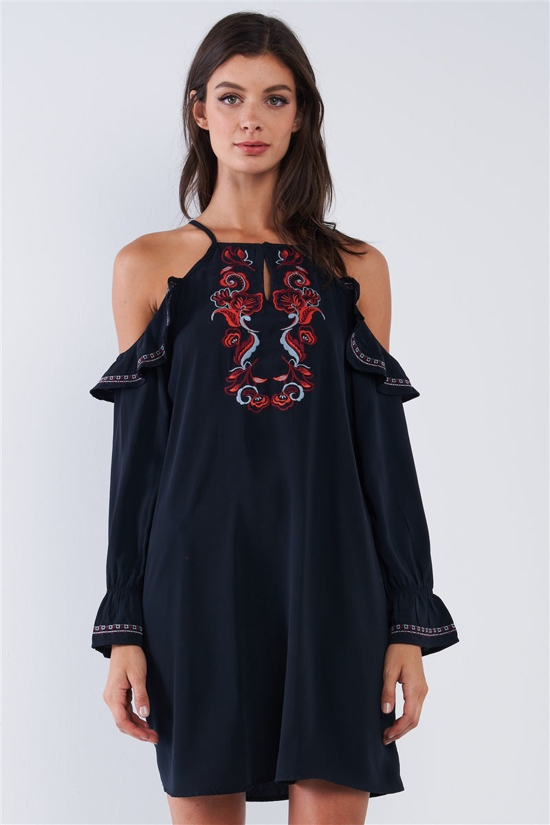 Black Boho Multicolor Traditional Slavic Inspired Floral Embroidery Loose Fit Ruffle Off-the-shoulder Long Sleeve Mini Dress Sunny EvE Fashion