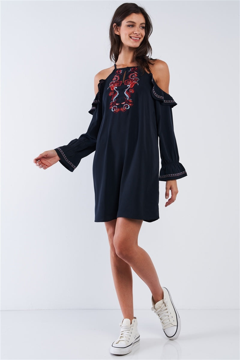 Black Boho Multicolor Traditional Slavic Inspired Floral Embroidery Loose Fit Ruffle Off-the-shoulder Long Sleeve Mini Dress Sunny EvE Fashion
