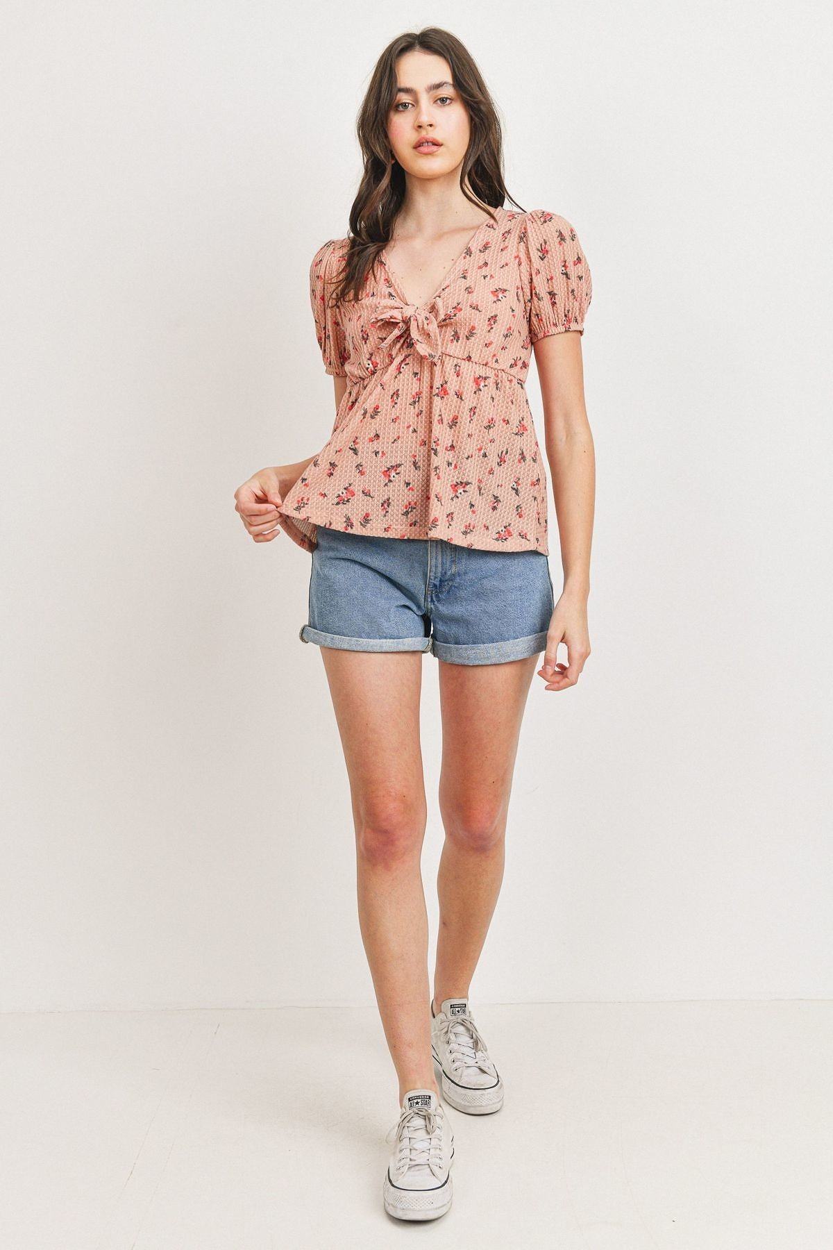 Front Tie Floral Waffle Top Sunny EvE Fashion