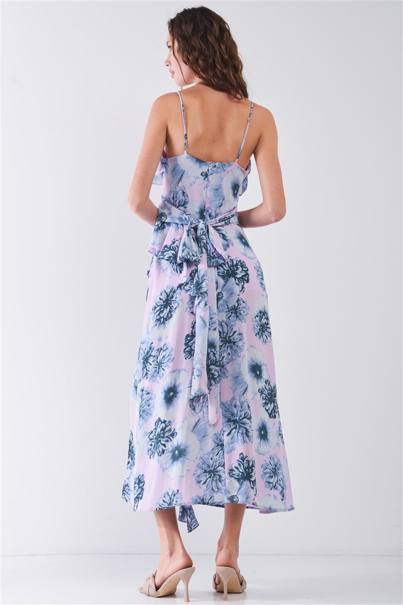 Floral Print Sleeveless Self-tie Wide Wrap Front Ruffle Hem Side Slit Detail Midi Dress Sunny EvE Fashion