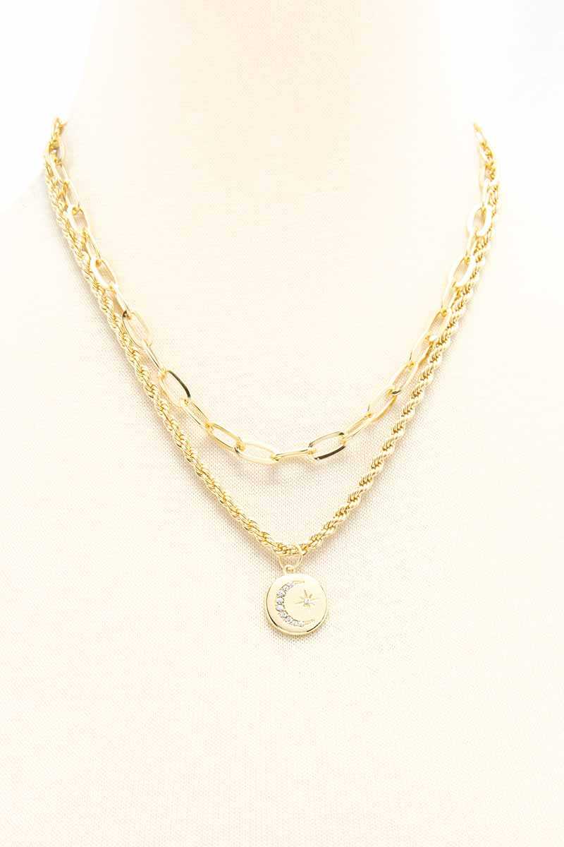 2 Layered Metal Chain Round Pendant Necklace Sunny EvE Fashion