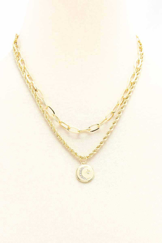 2 Layered Metal Chain Round Pendant Necklace Sunny EvE Fashion