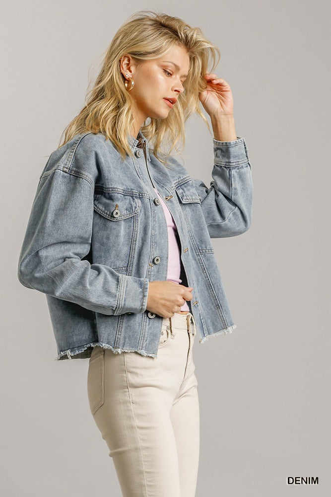 Collar Button Down Denim Jacket With Chest Pockets Sunny EvE Fashion