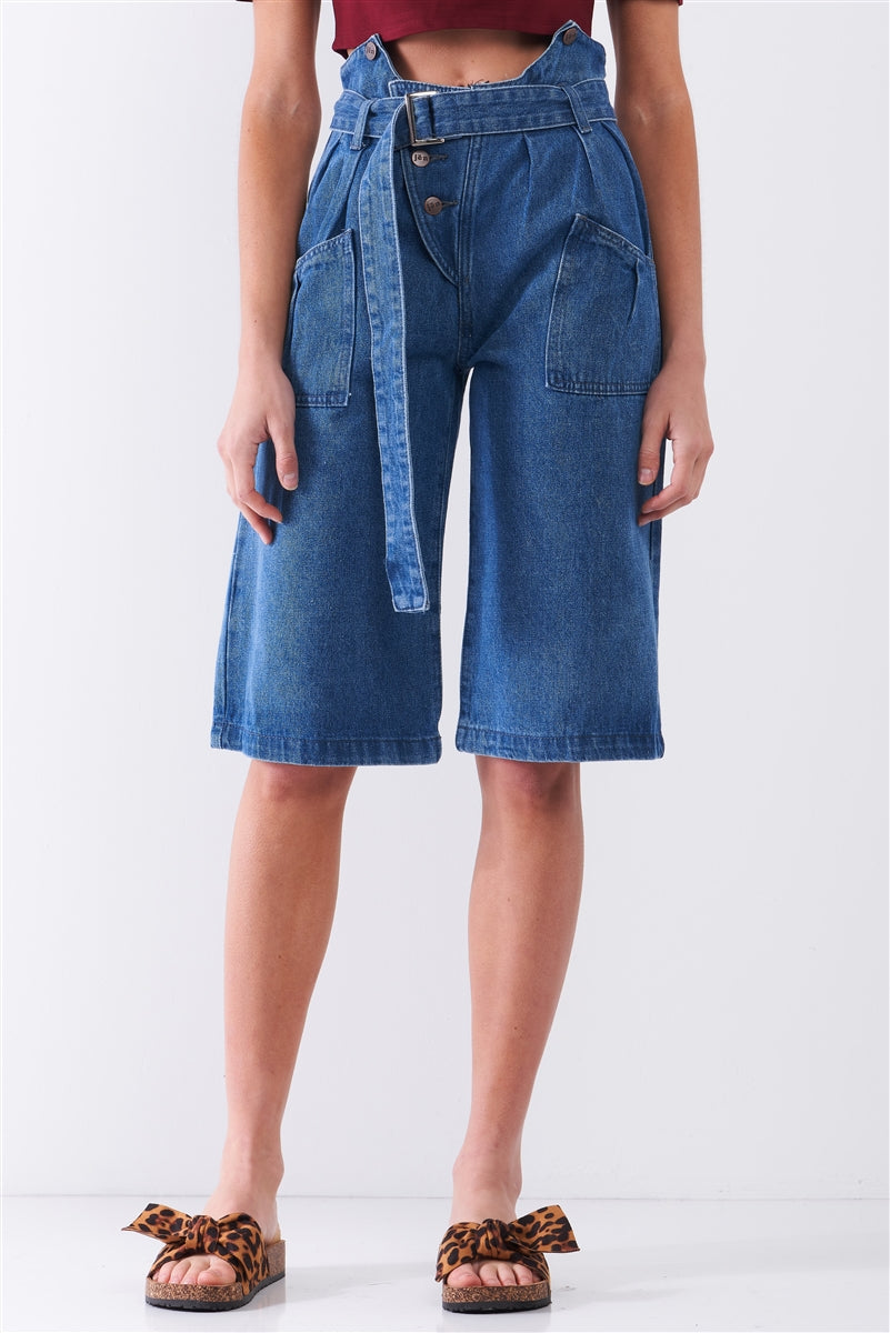 Mid Blue Denim Front Cut-out High-waist Buckle Self-tie Belt Detail Midi Flare Jean Pants Sunny EvE Fashion