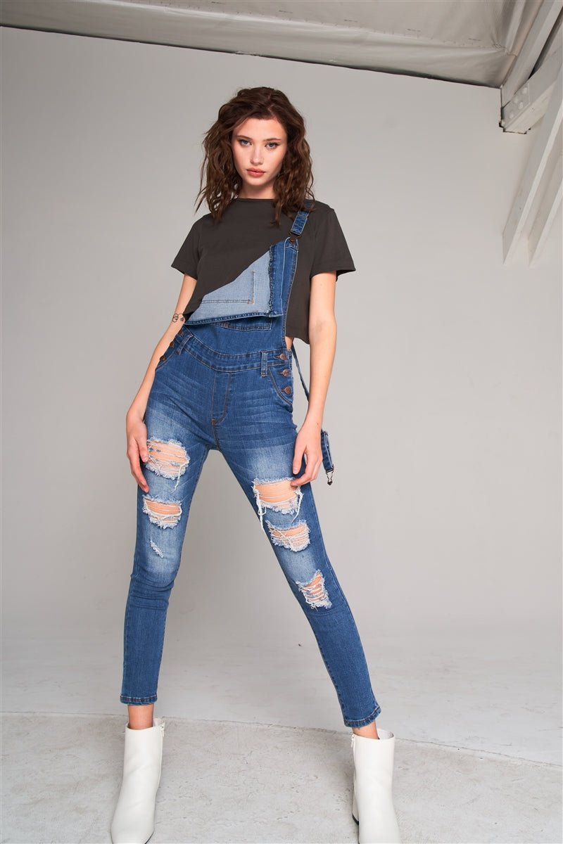 Mid-blue Wash Ripped Sleeveless Square Neck Front Pocket Skinny Denim Overall Sunny EvE Fashion
