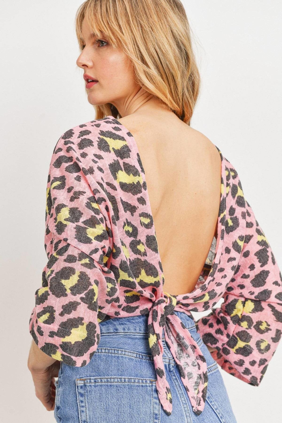 Leopard Knit Back Opened Short Sleeve Top Sunny EvE Fashion