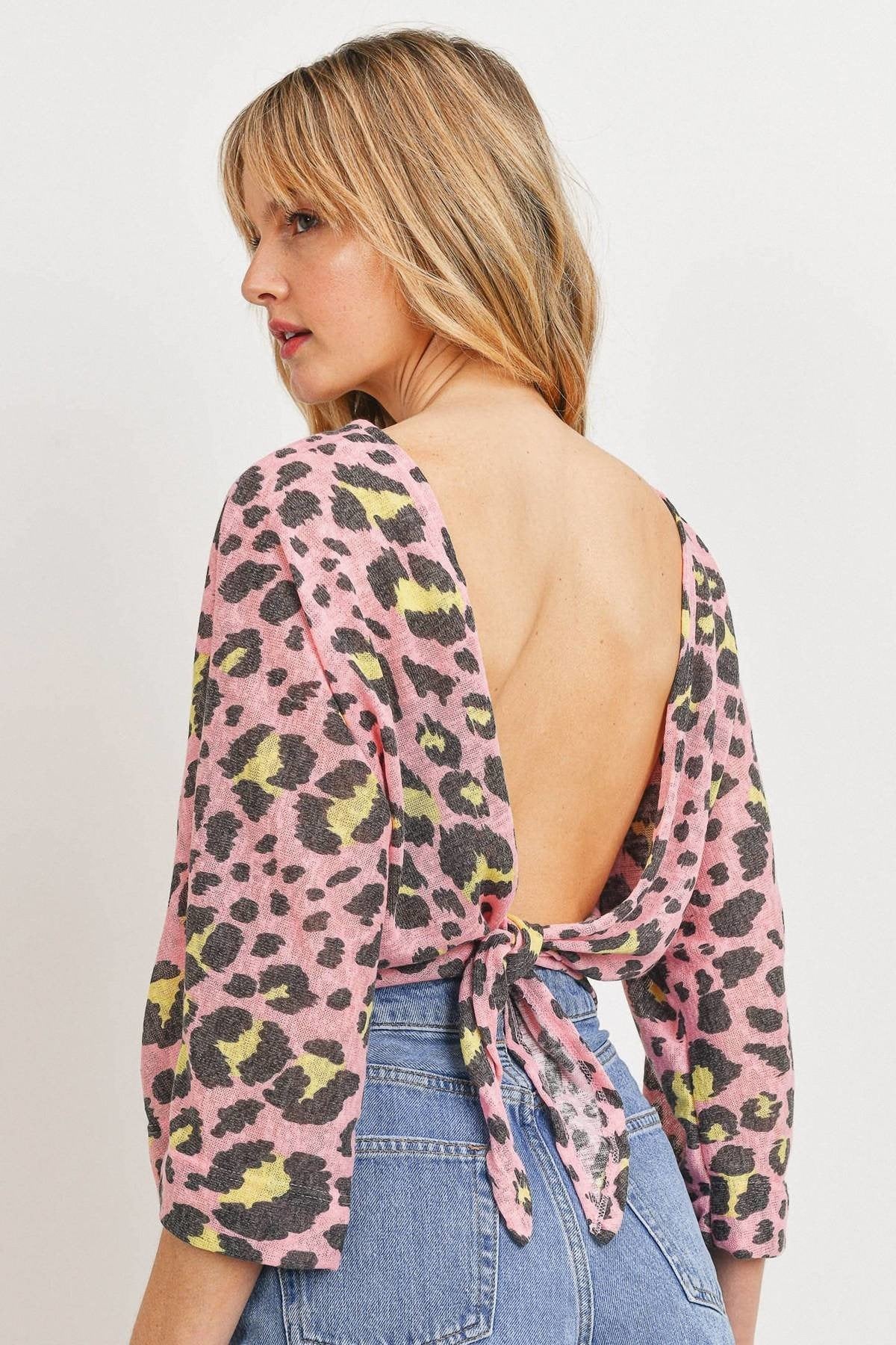 Leopard Knit Back Opened Short Sleeve Top Sunny EvE Fashion