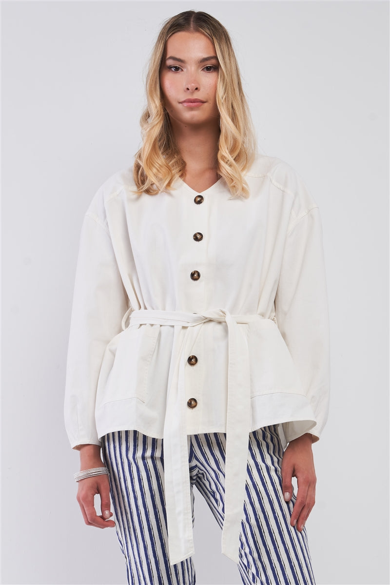 Off-white Balloon Sleeve Button-down Front Self-tie Belted Oversized Summer Jacket Sunny EvE Fashion