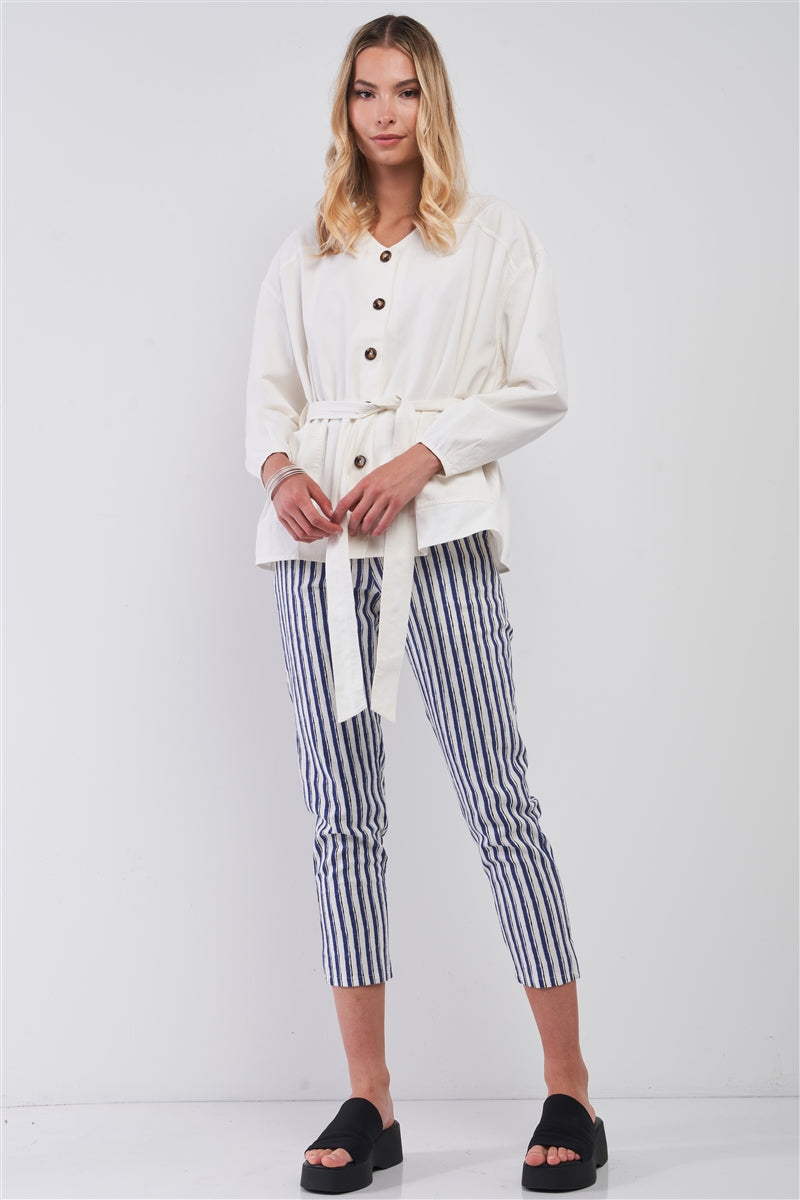 Off-white Balloon Sleeve Button-down Front Self-tie Belted Oversized Summer Jacket Sunny EvE Fashion