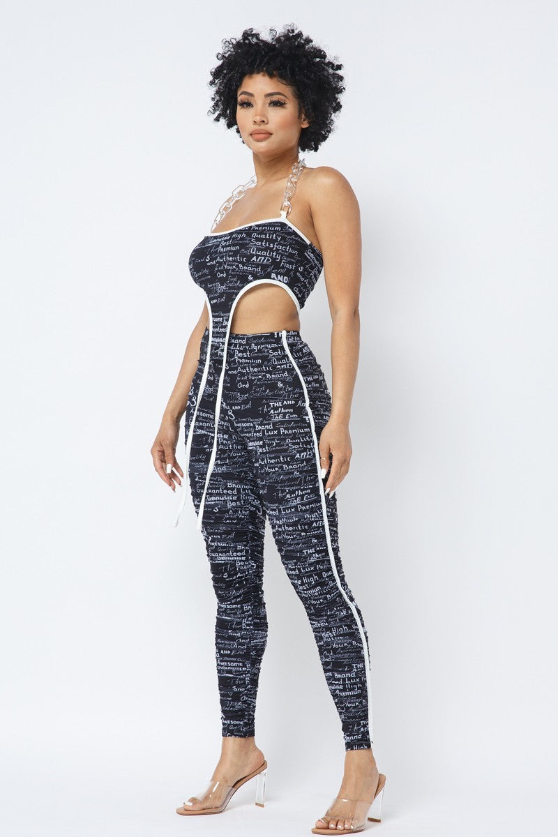 Mesh Print Crop Top With Plastic Chain Halter Neck With Matching Leggings Sunny EvE Fashion