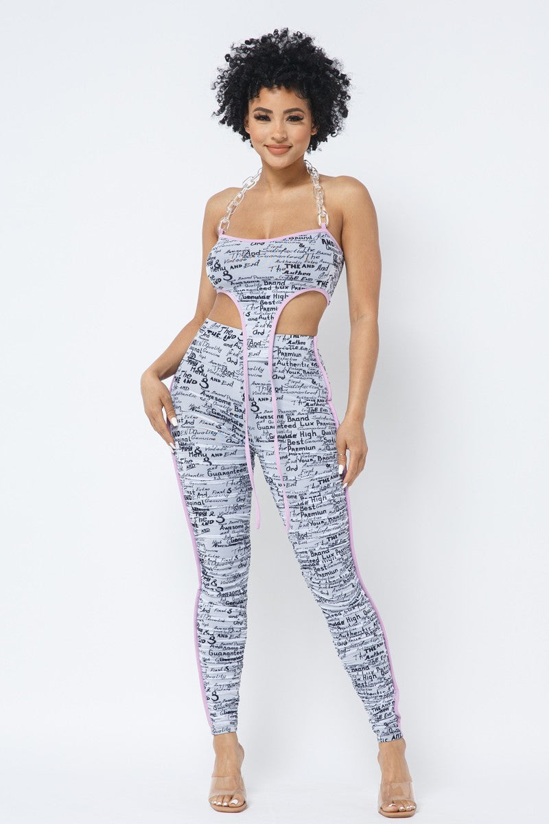 Mesh Print Crop Top With Plastic Chain Halter Neck With Matching Leggings Sunny EvE Fashion