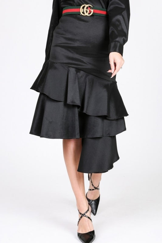 Asymmetrical Ruffle Bottom Satin Skirt Sunny EvE Fashion