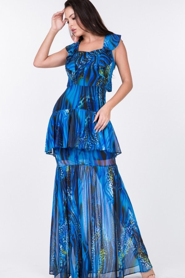 Ruffle Sleeve Tiered Bottom Print Long Dress Sunny EvE Fashion