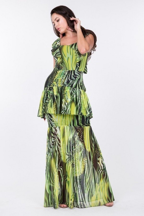 Ruffle Sleeve Tiered Bottom Print Long Dress Sunny EvE Fashion