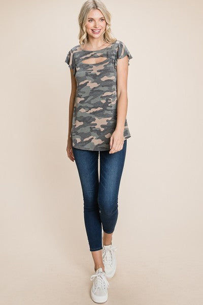Army Camo Printed Cut Out Neckline Short Flutter Sleeves Casual Basic Top Sunny EvE Fashion