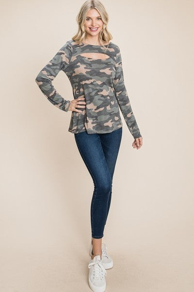 Army Camo Printed Cut Out Neckline Long Sleeves Casual Basic Top Sunny EvE Fashion