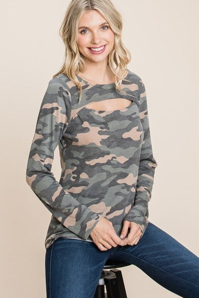 Army Camo Printed Cut Out Neckline Long Sleeves Casual Basic Top Sunny EvE Fashion