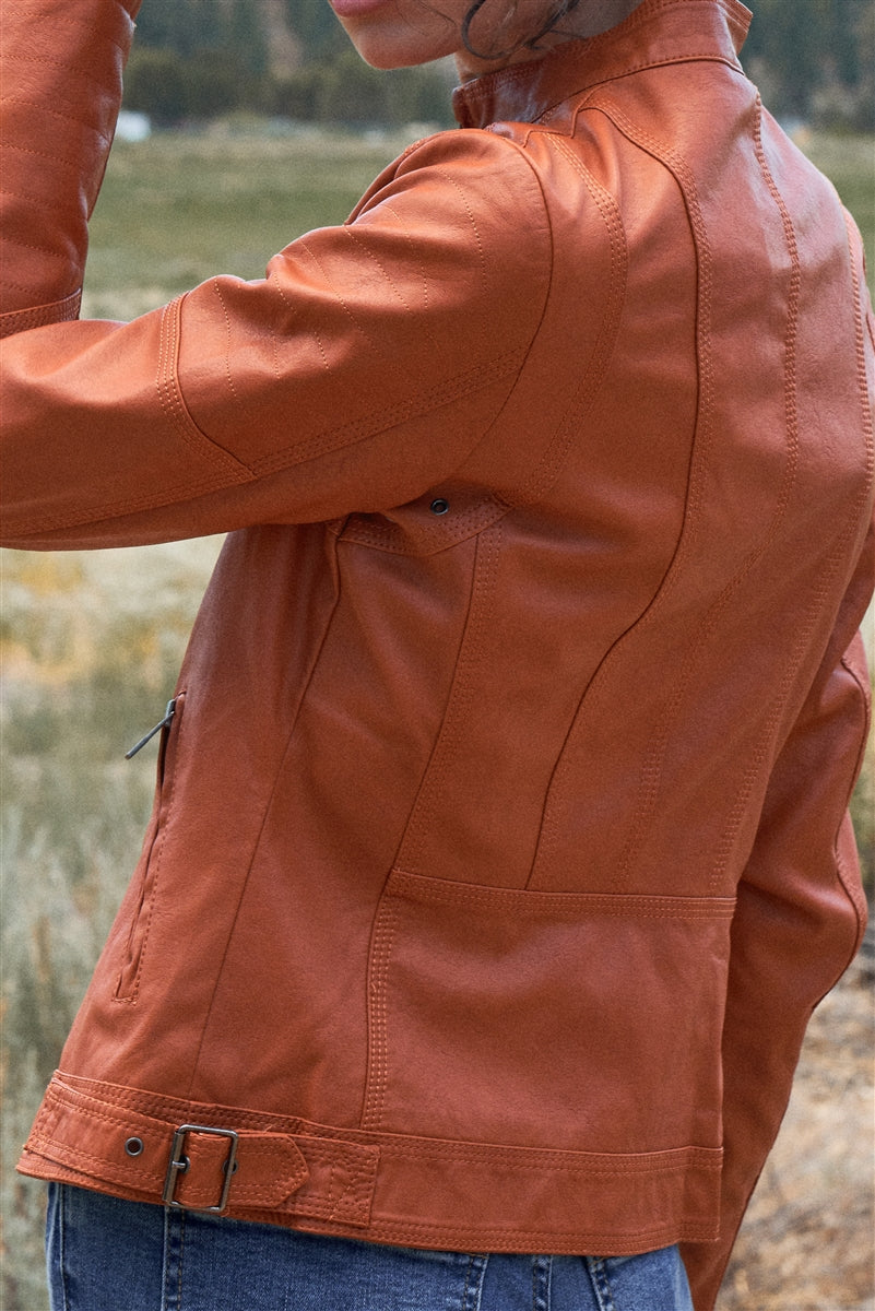 Rust Vegan Leather Long Sleeve Biker Jacket Sunny EvE Fashion