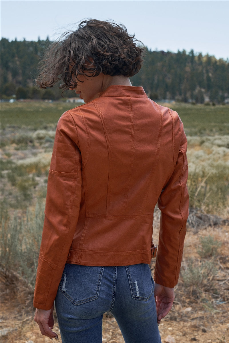 Rust Vegan Leather Long Sleeve Biker Jacket Sunny EvE Fashion