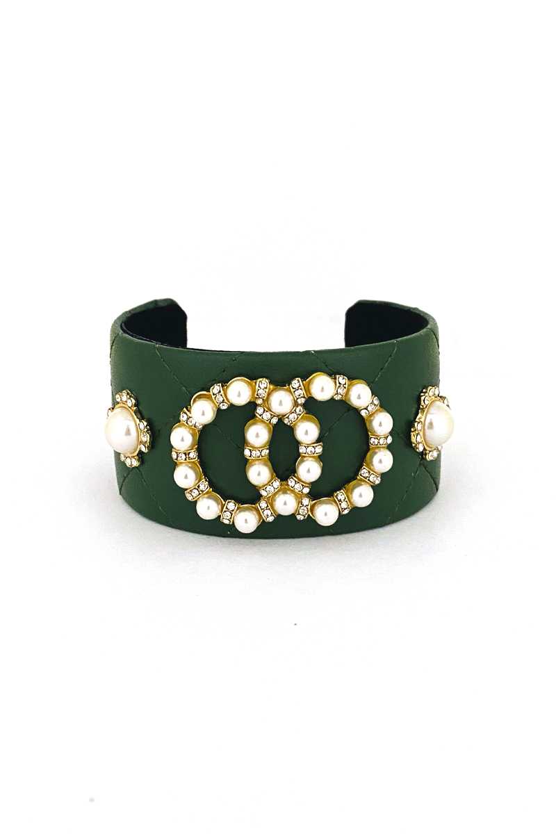 Fashion Pearl Double Round Studded Faux Leather Cuff Bracelet Sunny EvE Fashion