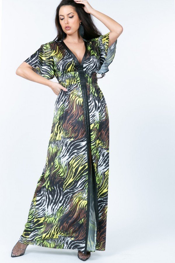 Deep V Neck Slit Zebra Print Long Dress Sunny EvE Fashion