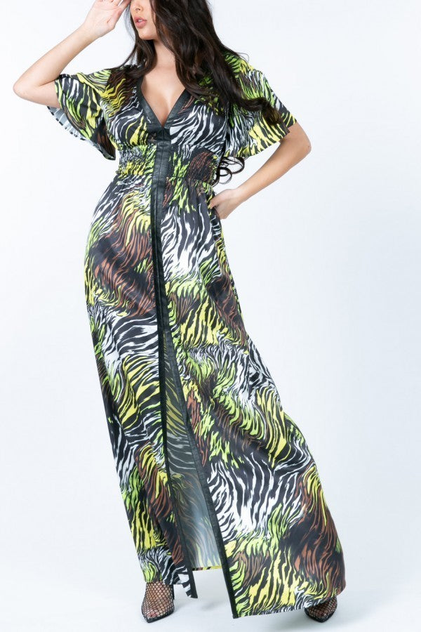 Deep V Neck Slit Zebra Print Long Dress Sunny EvE Fashion