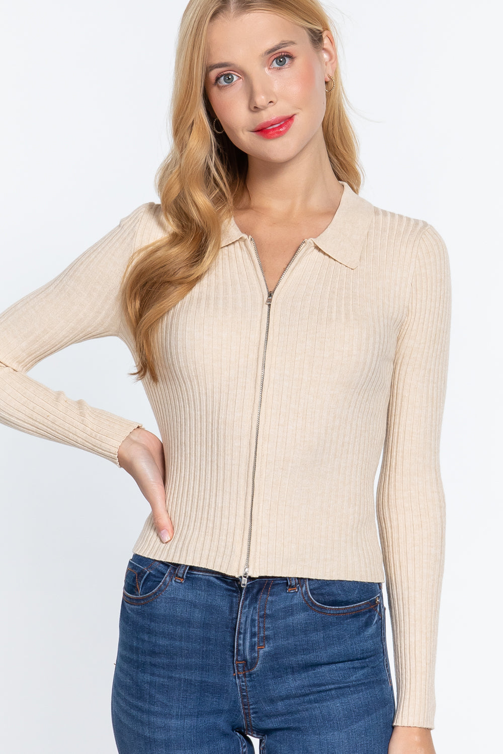 Notched Collar Zippered Sweater Sunny EvE Fashion