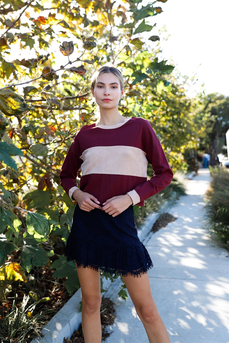 Burgundy Colorblock Long Sleeve Crop Top Sunny EvE Fashion