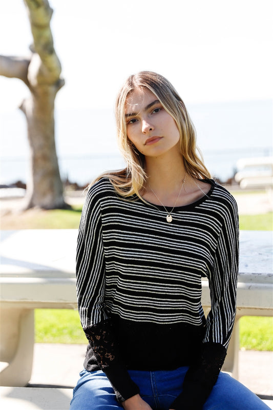 Black Striped Glitter Weave Crochet Trim Detail Long Sleeve Sweater Top Sunny EvE Fashion