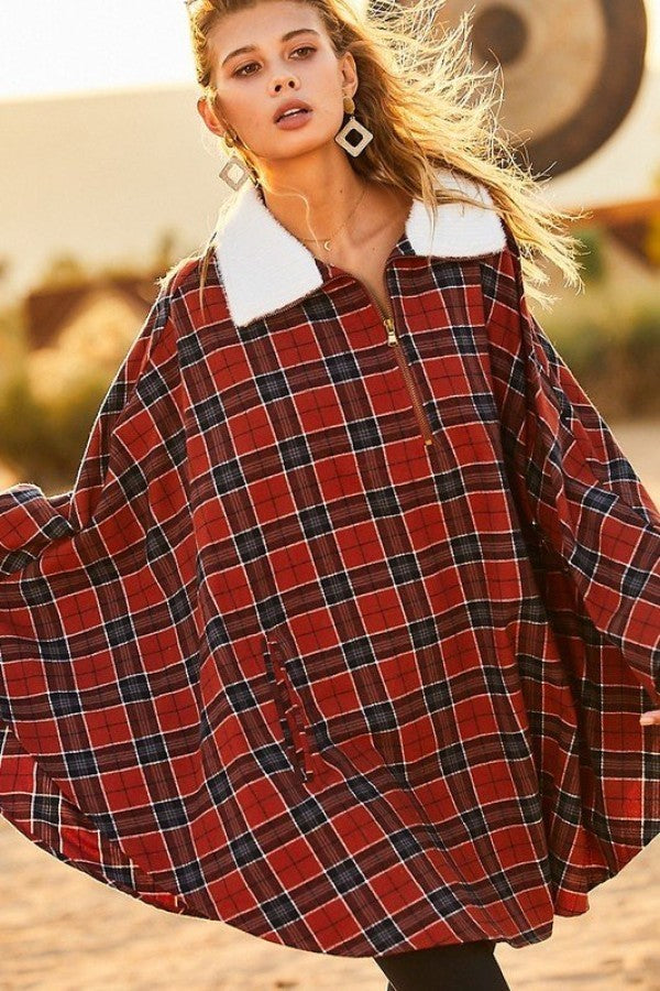 Mock Neck With Zipper Contrast Inside Front Pocket Plaid Poncho Sunny EvE Fashion