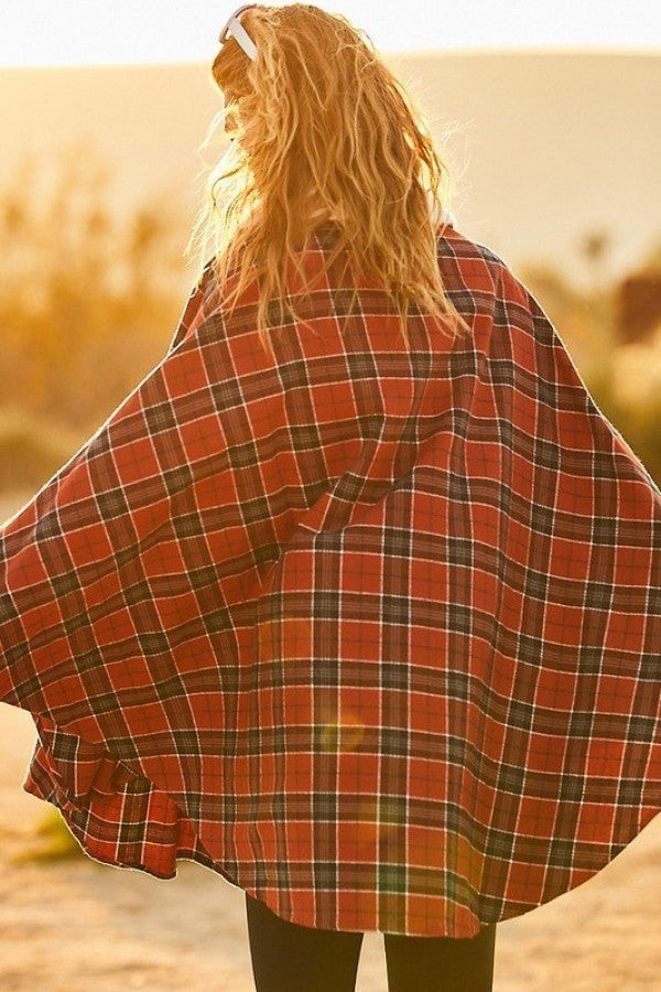 Mock Neck With Zipper Contrast Inside Front Pocket Plaid Poncho Sunny EvE Fashion