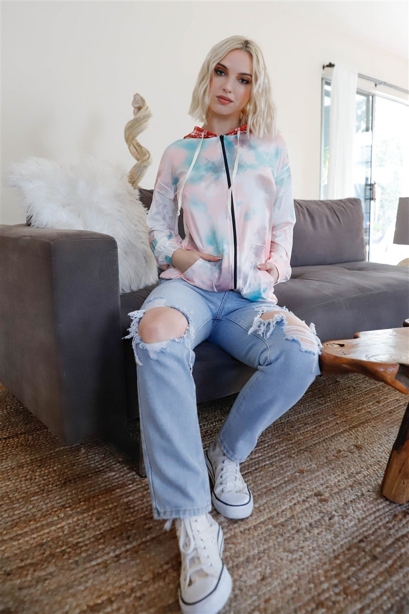 Feather & Tie-dye Print Contrast Plaid Hood Sweater Sunny EvE Fashion