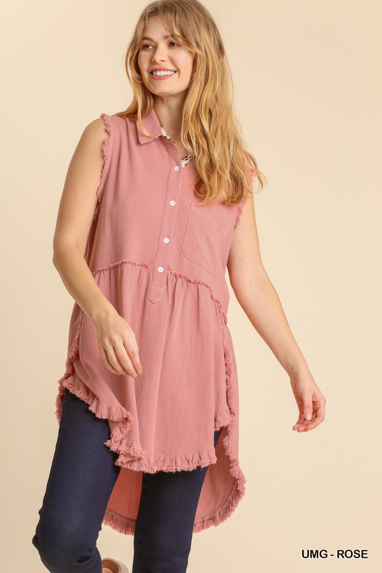 Linen Blend Sleeveless  Button Front Tunic With Frayed Round Hems Sunny EvE Fashion