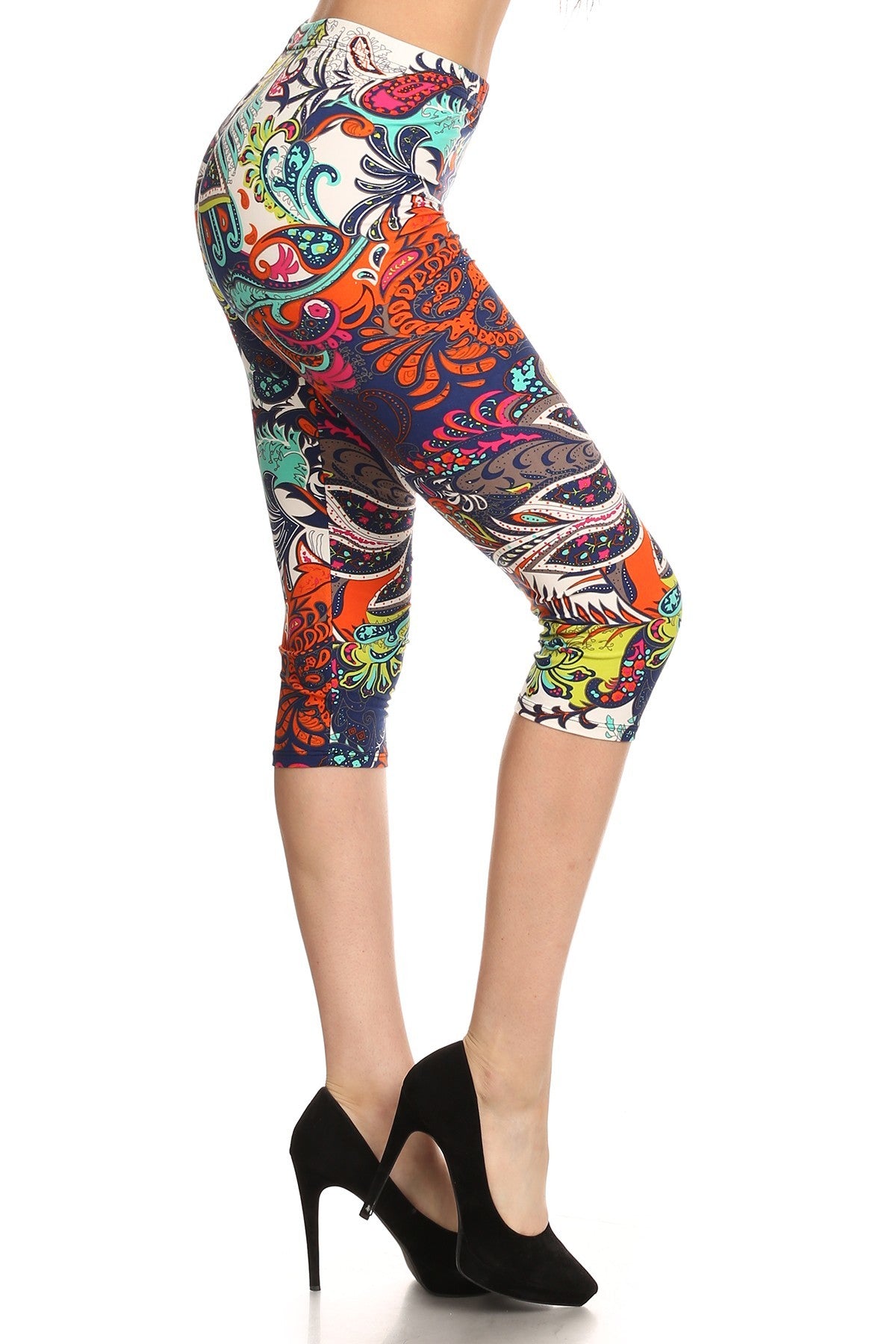 Multi-color Ornate Print Cropped Length Fitted Leggings With High Elastic Waist. Sunny EvE Fashion