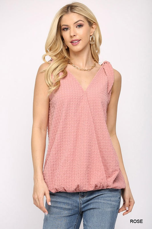 Solid Textured And Sleeveless Surplice Top With Shoulder Tie Sunny EvE Fashion