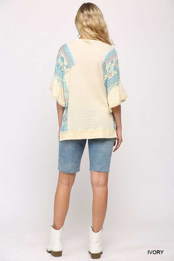 Texture Knit And Print Mixed Hi Low Hem Top Sunny EvE Fashion