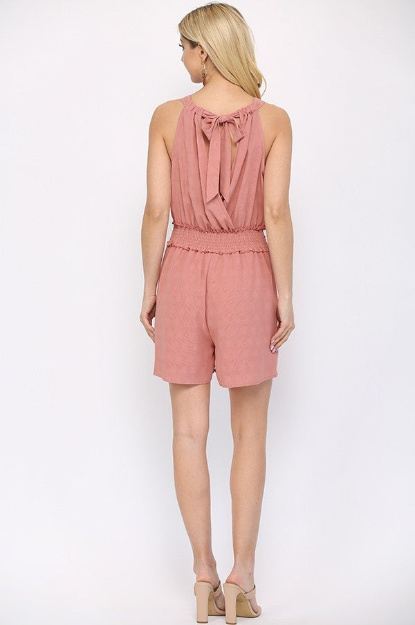 Textured Woven And Smocking Waist Romper With Back Open And Tie Sunny EvE Fashion