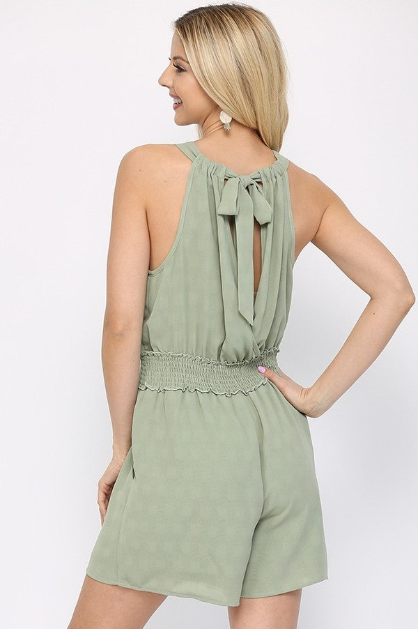 Textured Woven And Smocking Waist Romper With Back Open And Tie Sunny EvE Fashion