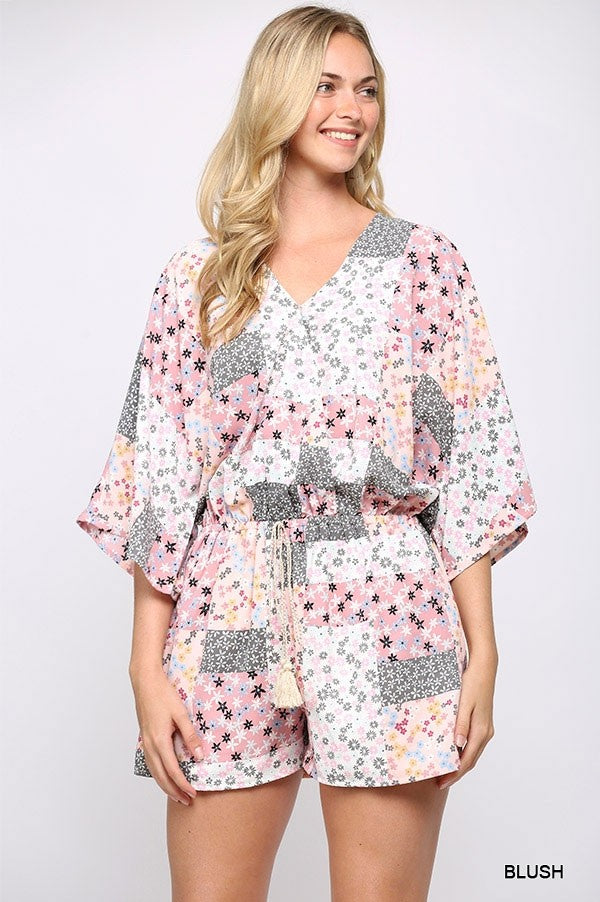 Patchwork Printed Surplice Romper With Waist Tassel Tie And Bottom Lining Sunny EvE Fashion