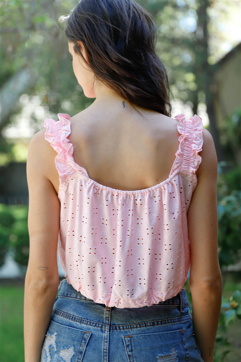 Embroidered Ruffle Trim Strap Sleeveless Crop Top Sunny EvE Fashion